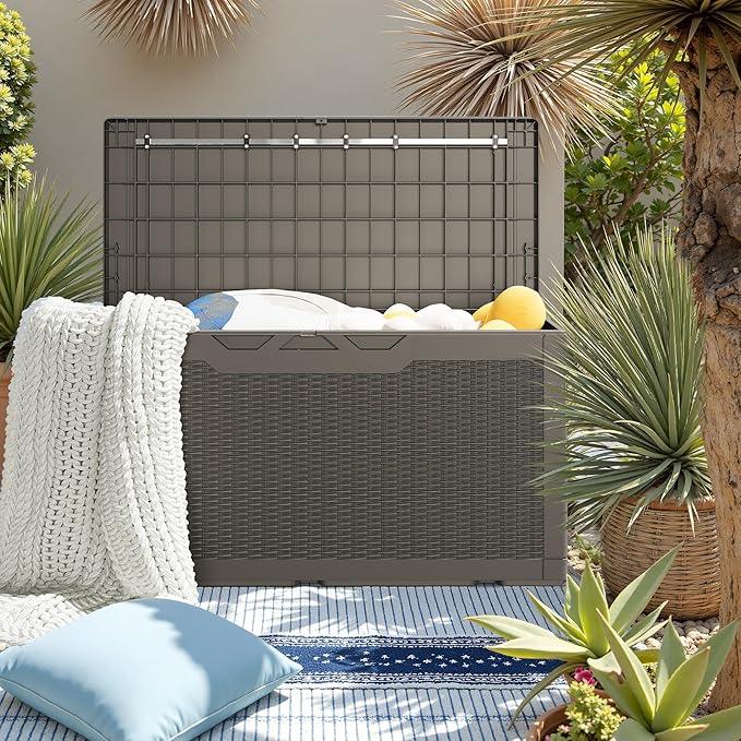 JUMMICO 100 Gallon Resin Deck Box, Waterproof Outdoor Storage Box with Lockable Lid for Garden Tools, Patio Cushions (Light Brown)