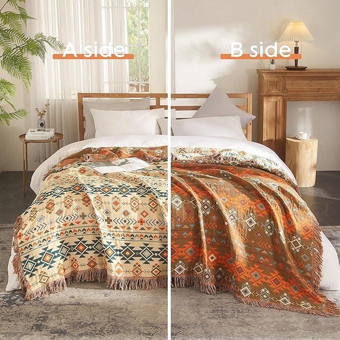 Boho Throw Blanket for Bed 60”x80”, 100% Cotton Woven Blanket for Couch Sofa, Ultra Soft 4-Layer Muslin Quilt with Diamond Pattern, Farmhouse Bed Blanket/Cover for Living Room Decor