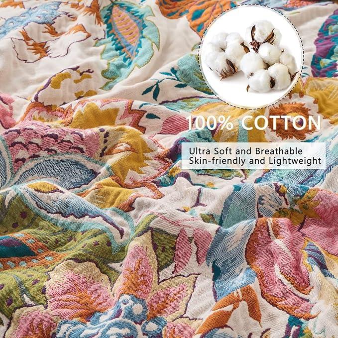 Boho Throw Blanket, Ultra Soft Rustic Quilt for Bed, Lightweight Fall Throws Blanket Muslin Blankets for Adults, Picnic, Farmhouse Decor, Cozy 100% Cotton Throw Blankets, Happiness, 60