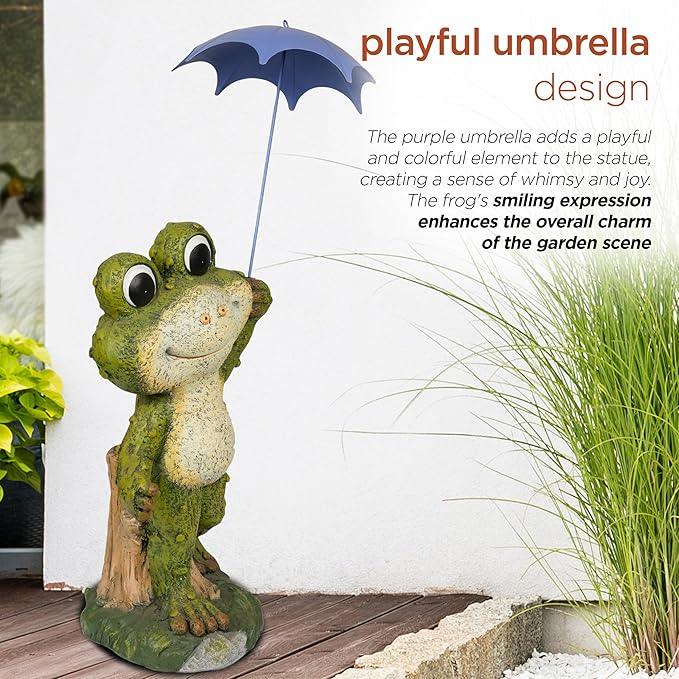 Alpine Corporation QWR1002 Indoor/Outdoor Smiling Frog with Purple Umbrella Garden Statue, Playful Frog Statue, 27