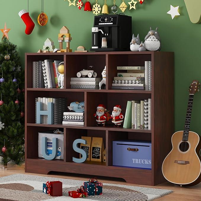 Book Shelf, 8 Cubes Storage Organizer, 3-Tier Open Shelf Wooden Bookcase, Freestanding Cherry Bookshelf Cube Shelf for Bedroom, Living Room, Home Office