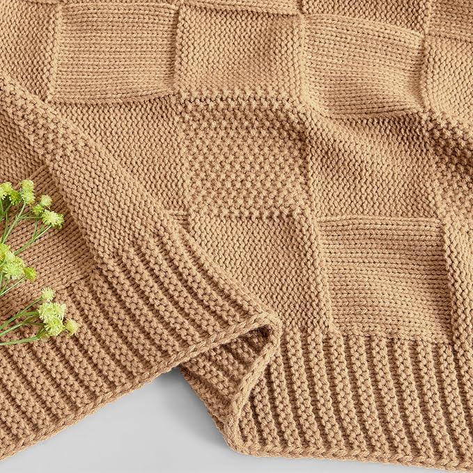 CozeCube Check Knit Throw Blanket, Beige Checkered Throw for Couch, Decorative Christmas Soft Cozy Warm Knitted Blanket for Bed Sofa Living Room, 60