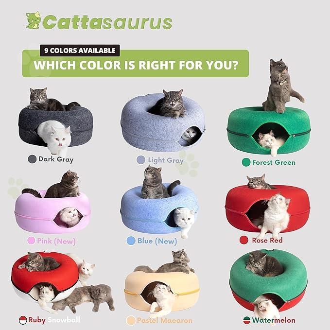 Cattasaurus Peekaboo Cat Cave for Multiple & Large Cats Up to 30-45 Lbs, Scratch Detachable & Washable Tunnel Bed, Comfy Donut Cat Cave (Pastel Macaron, Large)