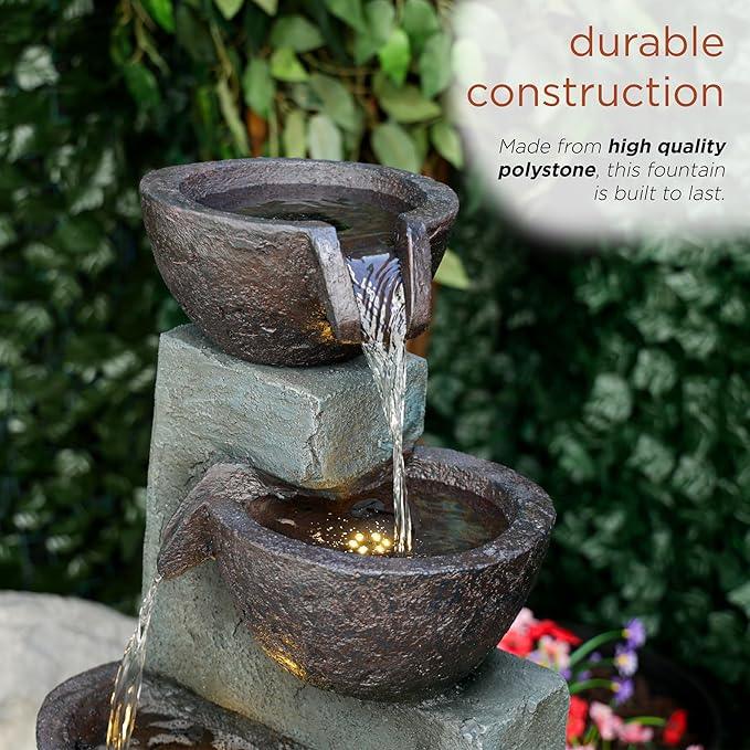 Alpine Corporation TZL390 Elegant Outdoor 5 Tier Bowls Waterfall Fountain with LED Lights for Garden, Patio, Yard, and Outdoor Spaces, Relaxing Cascading Fountain, 39