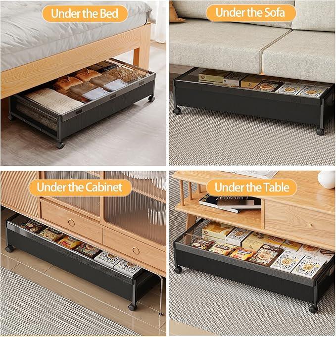 Under Bed Storage Containers with Wheels, Underbed Shoe Storage Organizer with Removable Lids, Large Rolling Under Bed Storage Dresser Drawers for Clothes Toys Shoes Blankets