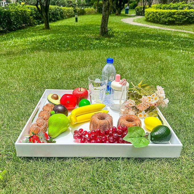 White Rectangular 16x20 Inches Acrylic Ottoman Tray Decorative Serving Tray with Cutout Handles Organizer Tray on Coffee Table Countertop Big Breakfast Bed Tray Living Room Appetizer Serving Food