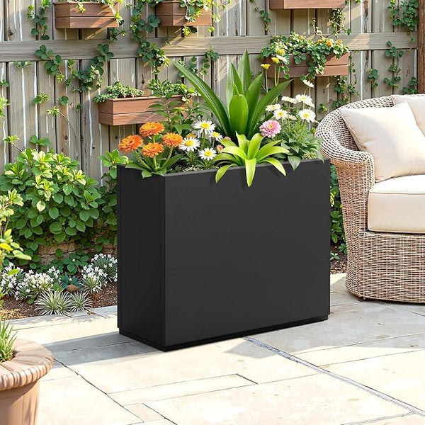 FENCY Metal Planter Box, Large Rectangular Planters for Outdoor Plants, Outdoor Tall Planters with Drainage Holes, Black Metal Planters (30