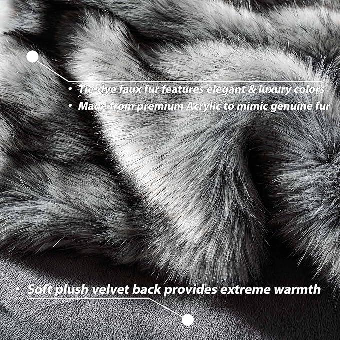 BATTILO HOME Wolf Faux Fur Blanket, Extra Large Fox Fur Throw Blankets for Couch, Bed, Super Soft, Fluffy, Eelegant, Grey with Black Tips Blanket Reversible to Plush Velvet, (Grey, 60