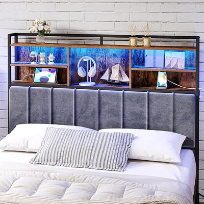 Headboard with 3-Tier Storage Shelves, Velvet Upholstered Head Board with 2 Outlets, USB Ports & LED Light, Soft Backrest for Queen Size Bed, Rustic Brown and Black BH15201BV1