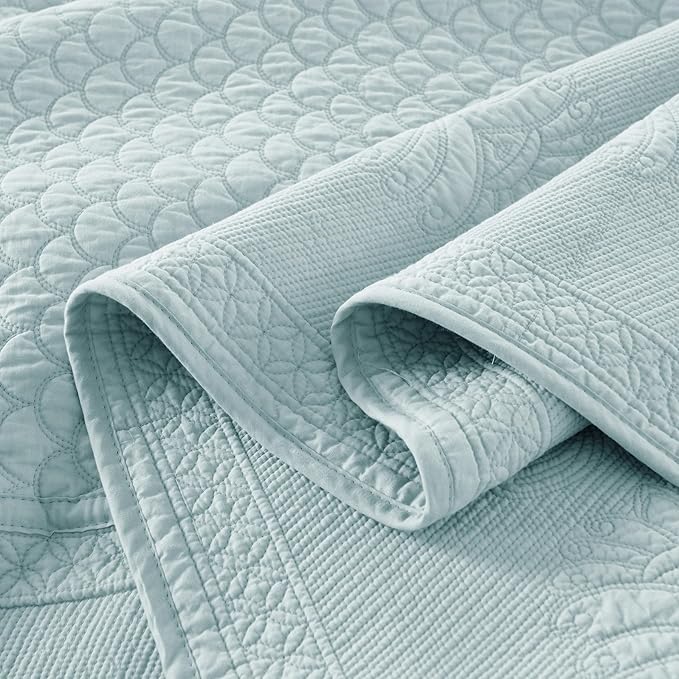 MarCielo 3-Piece 100% Cotton Oversized Bedspread Lightweight Quilt Coverlet Embroidery Farmhouse Bedding Set (TM Mint Green, Oversized Queen (100