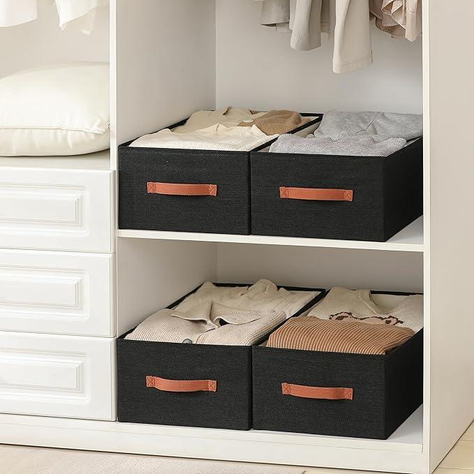 linen closet organizers and storage, 3 Pack Large Storage Baskets, Washable, Clothing Storage Bins with Handle, Closet Organizer for Storage Sweater,Sheets (Black, 18½
