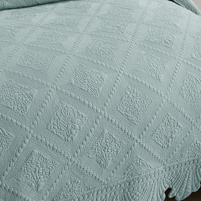MarCielo 3-Piece 100% Cotton Oversized Bedspread Lightweight Quilt Coverlet Embroidery Farmhouse Bedding Set (Tk Aqua Green, Oversized King (118