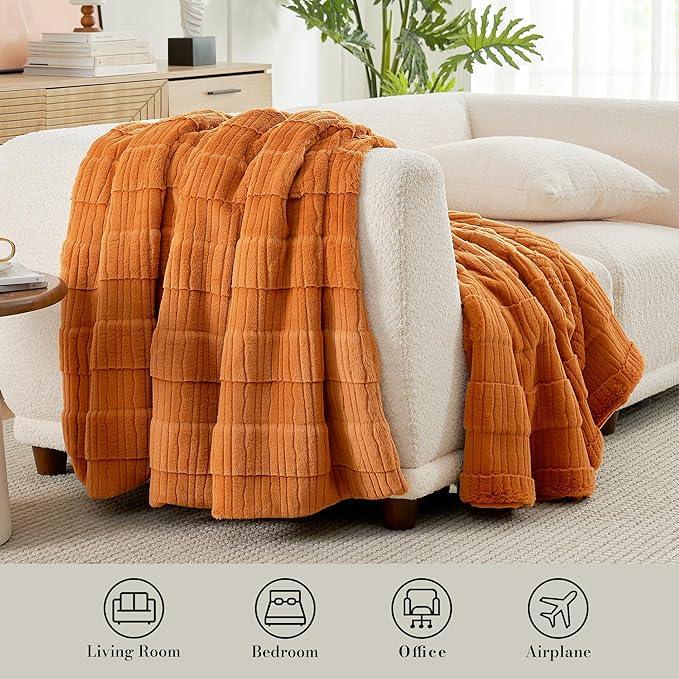 Amélie Home Luxury Striped Faux Fur Throw Blanket for Couch, Embossed Split Fur Cozy Fuzzy Fluffy Luxurious Soft Plush Sofa Chair Bed Gift Blankets for Women Men Wife Friend, 60