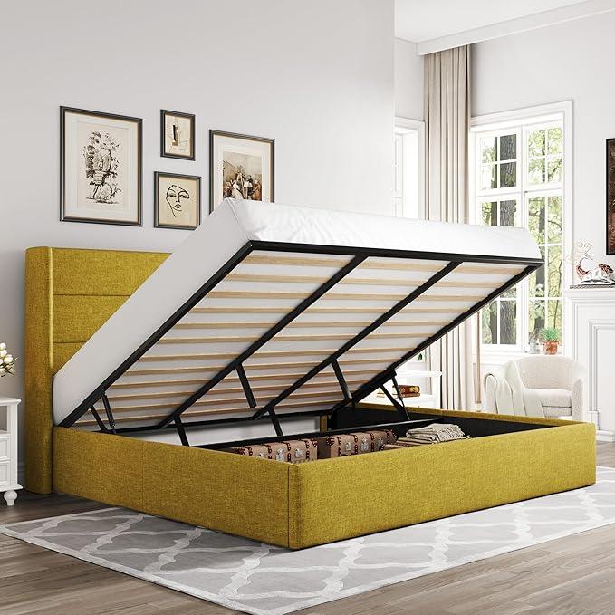 Allewie King Size Lift Up Storage Bed, Modern Wingback Headboard, Hydraulic Support, No Box Spring Needed, Olive Yellow