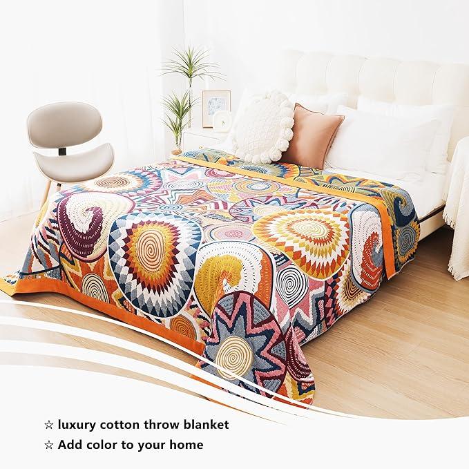 Boho Throw Blanket, 100% Organic Muslin Cotton Breathable Ultra Soft Bed Quilt Throw - All Season Floral Bird Butterfly Farmhouse Decor Blanket for Sofa Couch Chair and Gift. 50