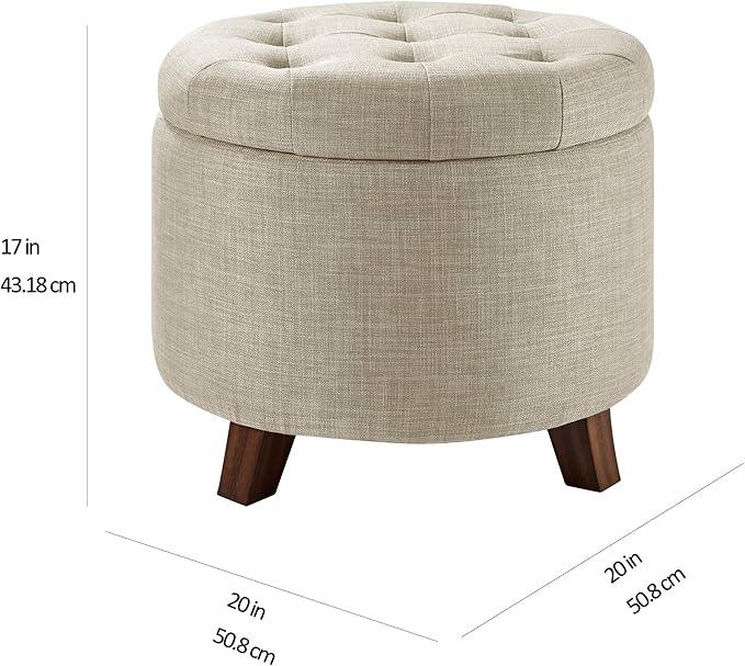 Amazon Basics Round Linen Ottoman with Storage, Tufted Upholstered Footstool for Living Room and Bedroom, 20