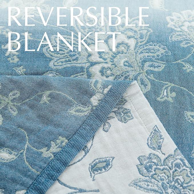 jinchan Boho 100% Cotton Muslin Twin Size 50x60 Inches Blanket Lightweight 4-Layer Quilted Soft Blue and White Floral Throw Blanket Green Accents Reversible Comfy Flower Breathable Summer Couch