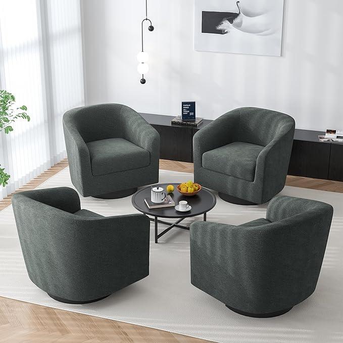 Swivel Barrel Accent Chair, Modern Round Chenille Fabric Arm Chair for Living Room, Bedroom, Comfy Club Reading Chairs for Adults（Chenille Fabric, Grey, Set of 4