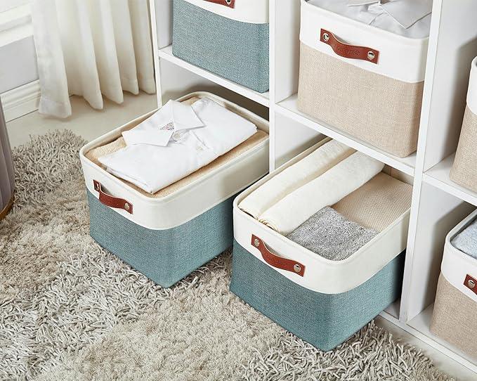 DECOMOMO Storage Bins Fabric Storage Baskets for Shelves, Linen Closet Organization Toys Nursery (Green and White, Large - 3 Pack)