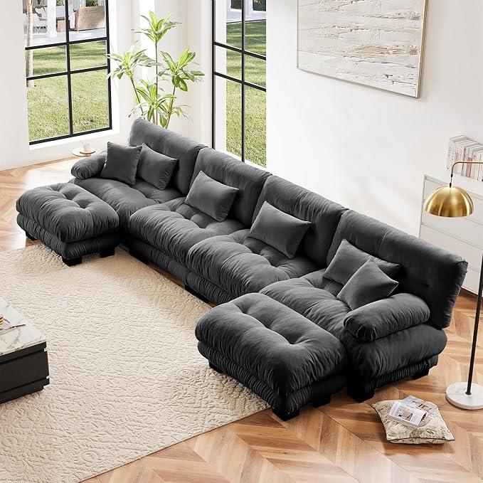 Modular Sectional Sofa U Shaped Sectional Couch, 4 Seater Cloud Couch with Ottoman, Modern Oversized Deep Seat Couches for Living Room, Comfy Chenille Sofa with 6 Throw Pillows, Gray