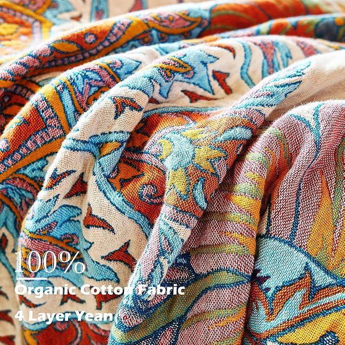 Boho Throw Blanket, 100% Organic Cotton Breathable Ultra Soft Bed Quilt Throw - All Season Floral Bird Butterfly Farmhouse Decor Blanket for Sofa Couch Chair and Gift. 50