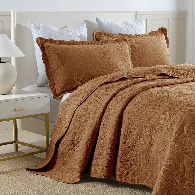 MarCielo 3-Piece 100% Cotton Oversized Bedspread Lightweight Quilt Coverlet Embroidery Farmhouse Bedding Set (Tf Dusty Orange, Oversized Queen (100