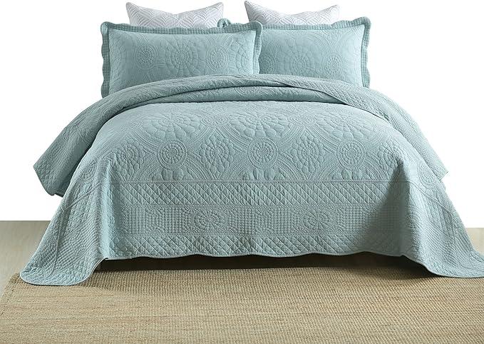 MarCielo 3-Piece 100% Cotton Oversized Bedspread Lightweight Quilt Coverlet Embroidery Farmhouse Bedding (Tf Aruba Blue, Oversized King (118