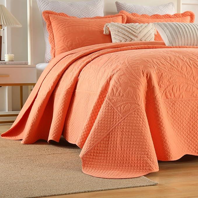 MarCielo 3-Piece 100% Cotton Oversized Bedspread Lightweight Quilt Coverlet Embroidery Farmhouse Bedding Set T0 (Salmon, Oversized Queen (100