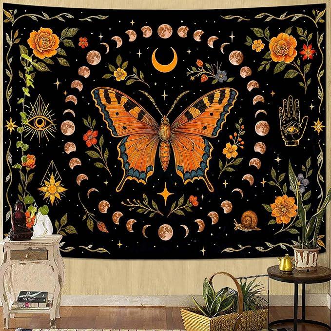 Lunerfex Moon Phase Butterfly Floral Wall Tapestry, Celestial Botanical Tapestries for Room Decor, Mystical Tapestry 60x44 Inch