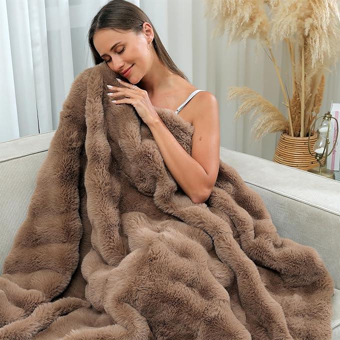 RYNGHIPY Faux Rabbit Fur Throw Blanket Ruched Plush Fuzzy Blanket for Couch Bed Sofa Heavy Warm Comfy Throws for Living Room Bedroom Machine Washable (Solid Brown, 63''x79'')