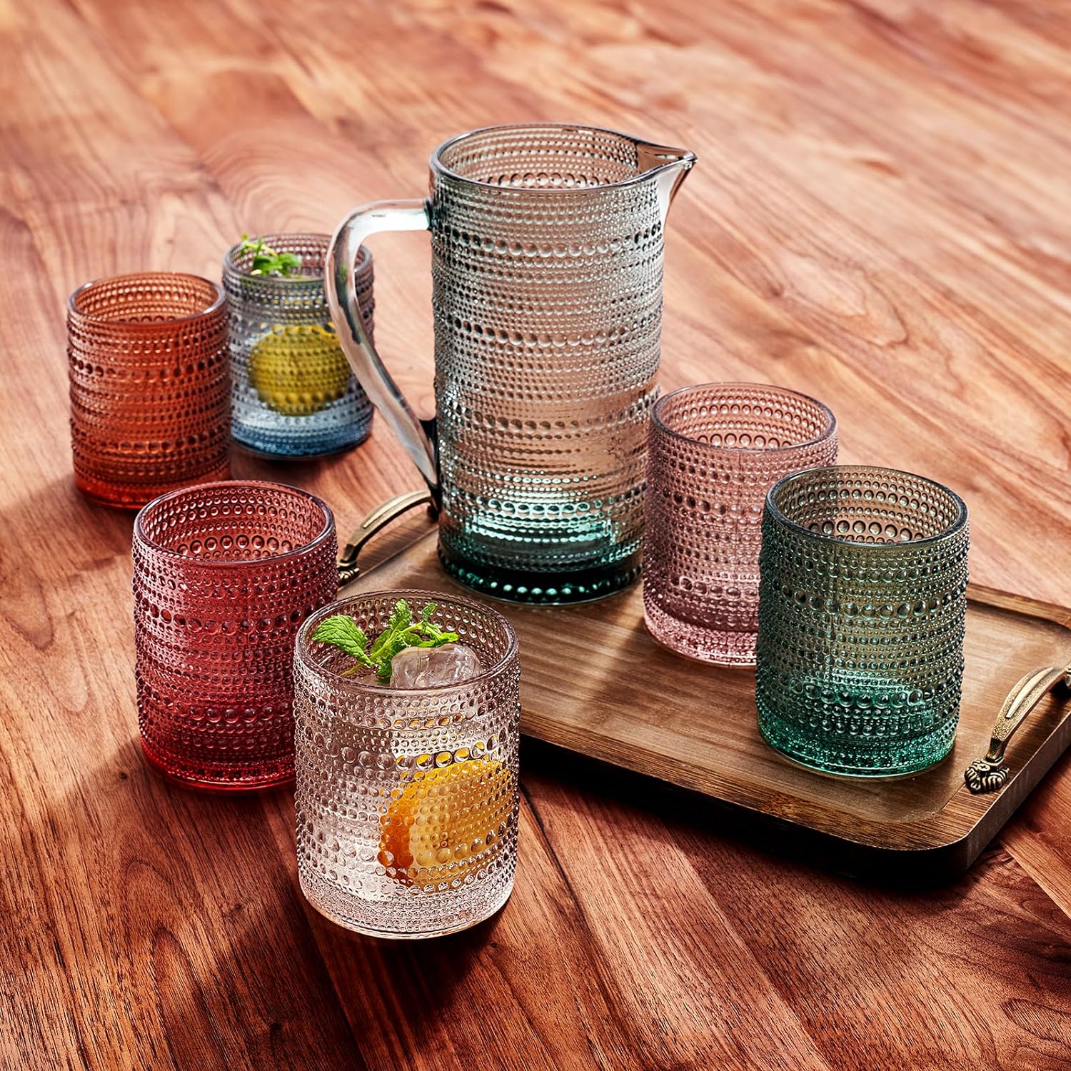 Hobnail Beaded Pitcher & Tumbler Glasses Set | Set of 6 Glasses & Carafe