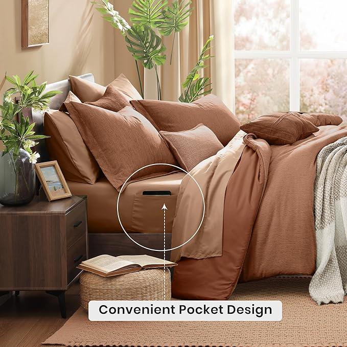 Monbix Queen Comforter Set - 7 Pieces Cationic Dyeing Autumn Leaf Bed in a Bag Queen Bedding Sets with Comforter, Sheets, Pillowcases & Shams, Reversible Bedding Comforters Sets