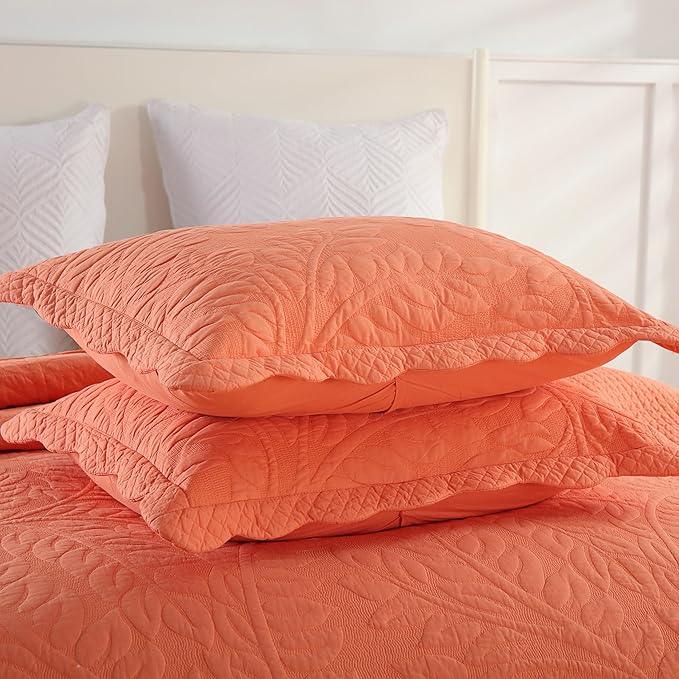 MarCielo 3-Piece 100% Cotton Oversized Bedspread Lightweight Quilt Coverlet Embroidery Farmhouse Bedding Set T0 (Salmon, Oversized Queen (100