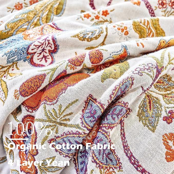 Boho Throw Blanket, 100% Organic Cotton Breathable Ultra Soft Bed Quilt Throw - All Season Floral Bird Butterfly Farmhouse Decor Blanket for Sofa Couch Chair and Gift. 60