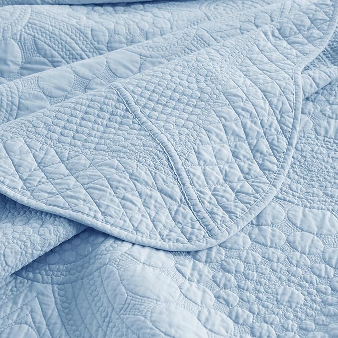 MarCielo 3-Piece 100% Cotton Oversized Bedspread Lightweight Quilt Coverlet Embroidery Farmhouse Bedding Set (Tf Light Blue, Oversized King (118