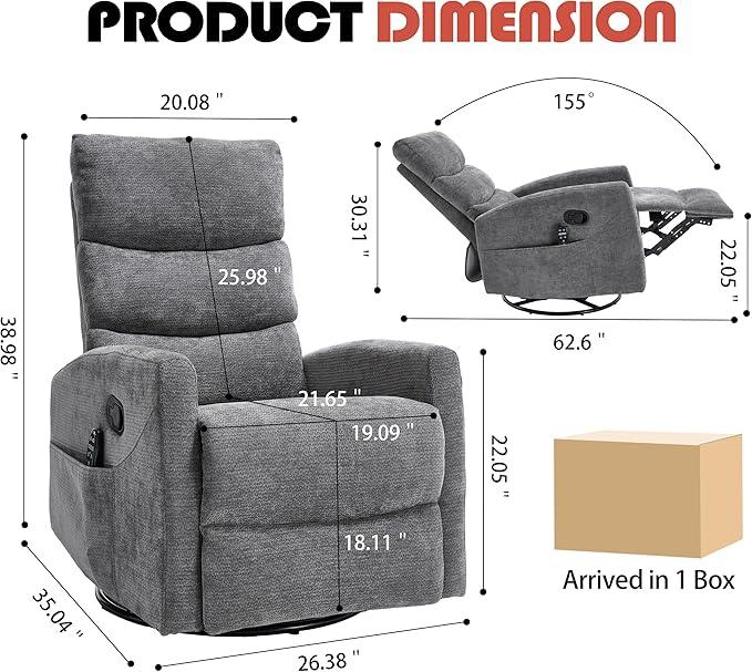 Manual Swivel Rocker Recliner Chair for Adults, Overstuffed Reclining Glider Chair for Nursing with Vibration Massage & Heat, Living Room Rocking Recliner 3-Stage backrest, Chenille Fabric Dark Gray