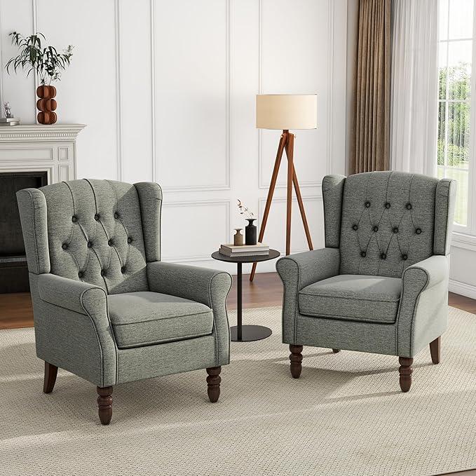 UIXE High Back Accent Chairs Set of 2, Upholstered Armchair in Fabric, Retro Wingback Arm Chair for Living Room, Comfy Single Sofa Bedroom Reading Seat with Solid Wood Legs - Dark Gray