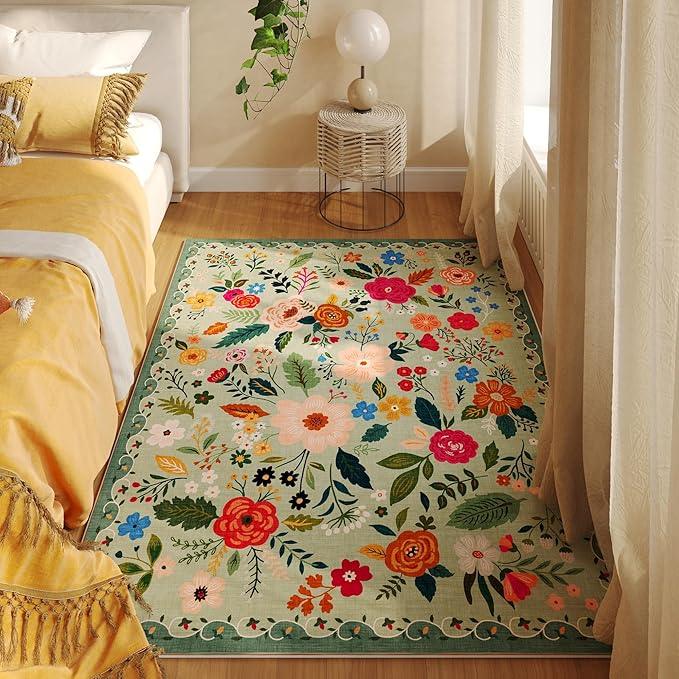 Area Rug 4x6 Rug Washable Boho Rugs Non Slip Low Pile Floral Small Carpet for Bedroom, Bedside, Kids Room, Office, Dining Room(Green)