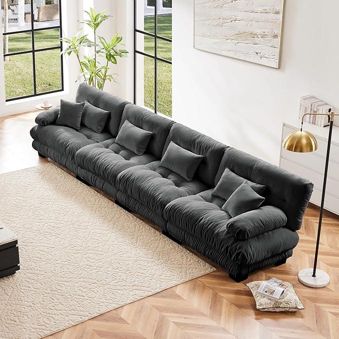 Modular Sectional Sofa Cloud Couch 4-Seater Deep Seat Sofa Couch, Oversized Couch Bed Sectional Couch with Round Bolster Armrests 6 Pillows, Modern Sofa Chair Comfy Couch(Gray)