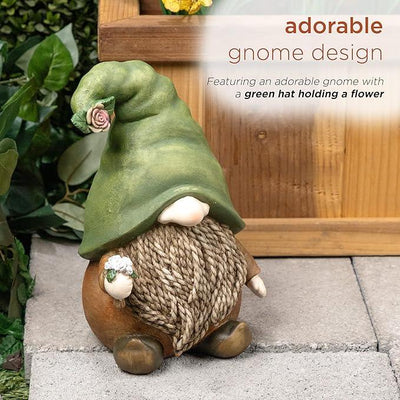 Alpine Corporation QWR1442 Gnome with Green Hat Holding a Flower, Playful Décor for Garden, Patio, & Lawn, 10
