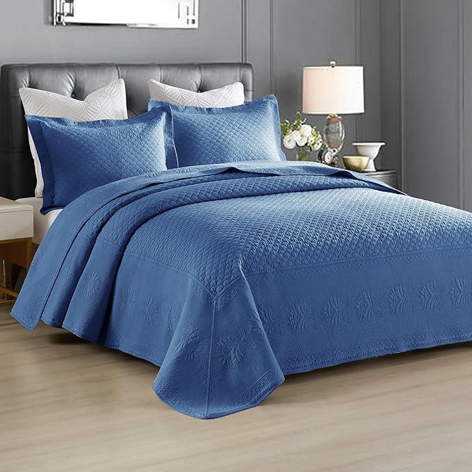 MarCielo 3-Piece 100% Cotton Oversized Bedspread Lightweight Quilt Coverlet Embroidery Farmhouse Bedding Set (TM Midtone Blue, Oversized King (118