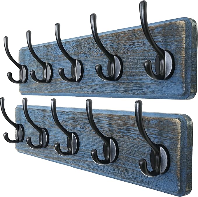 Dseap Coat Rack Wall: Patented, Heavy-Duty, 5-Double-Hooks Wooden Wall Mounted Coat Rack Coat Hanger Hook Rail for Winter Coats Hat Jacket Clothing, Weathered Blue, Pack of 2
