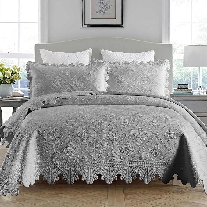 MarCielo 3-Piece 100% Cotton Oversized Bedspread Lightweight Quilt Coverlet Embroidery Farmhouse Bedding Set (Tk Light Grey, Oversized Queen (100