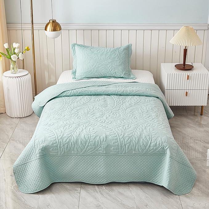 MarCielo 3-Piece 100% Cotton Oversized Bedspread Lightweight Quilt Coverlet Embroidery Farmhouse Bedding Set T0 (Aruba Blue, Twin (68