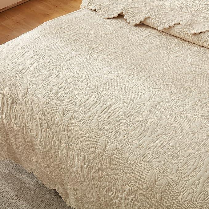MarCielo 3-Piece 100% Cotton Oversized Bedspread Lightweight Quilt Coverlet Embroidery Farmhouse Bedding Set(TL Beige,Oversized Queen (100