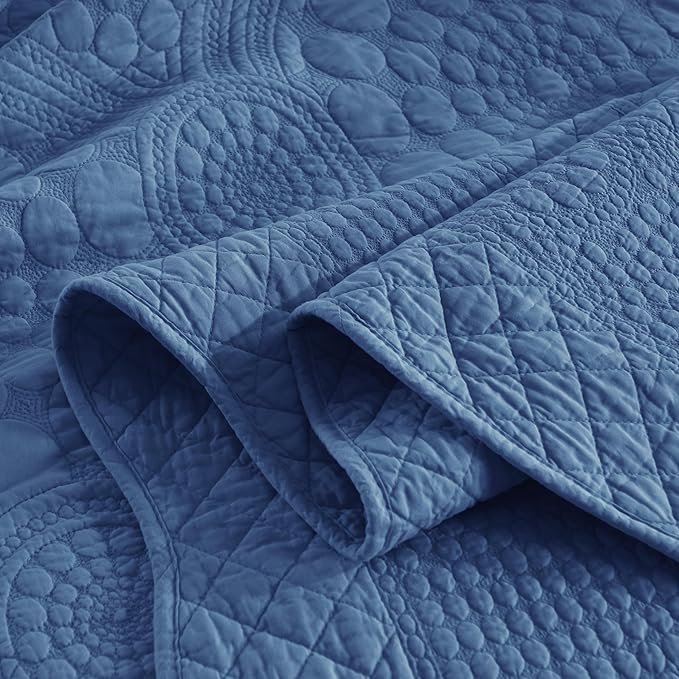 MarCielo 3-Piece 100% Cotton Oversized Bedspread Lightweight Quilt Coverlet Embroidery Farmhouse Bedding Set (Tf Midtone Blue, Oversized King (118