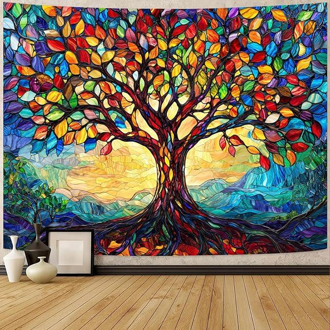 Lunerfex Tree of Life Tapestry Stained Glass Tapestry Wall Decor Tapestries for Bedroom Art Tapestries Wall Hanging for Bedroom Living Room Glass-Tree-01 60