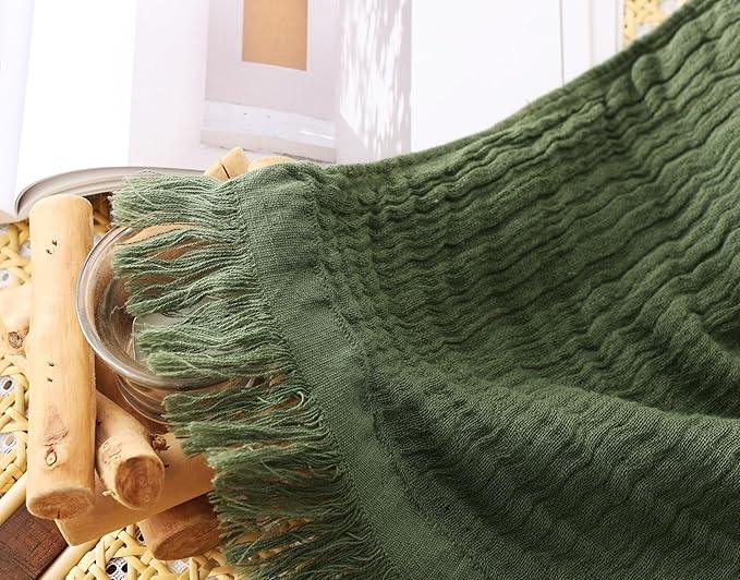 100% Cotton Muslin Throw Blanket for Bed, Couch, Small, Decorative, Soft, Pre-Washed, Breathable and Lightweight Gauze Blanket with Tassels, Suitable for All Seasons, Olive Green, 50