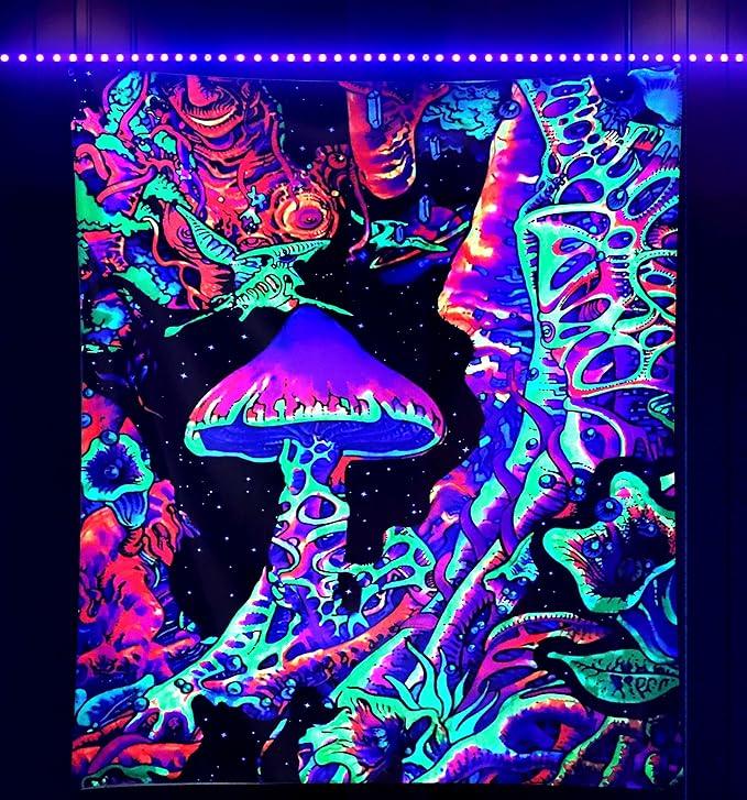 ADDWel Blacklight Mushroom Tapestry, Upright Tapestry Glow In The Dark, UV Reactive Black Light Tapestries Posters Wall Hanging for Backdrop Bedroom Dorm Living Room Decor(70