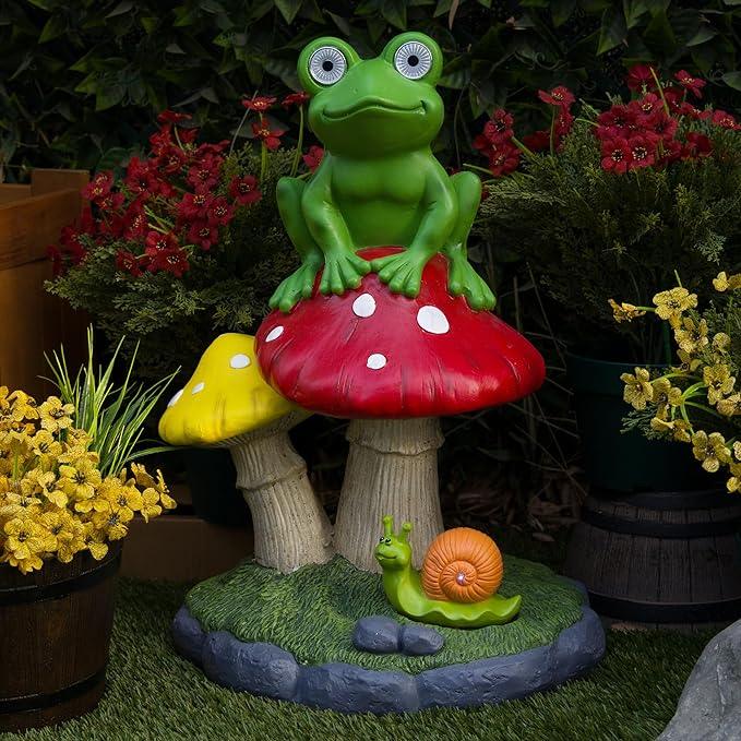Alpine Corporation ZEN390SLR-L Frog on Mushroom Statue with LED Lights, Solar-Powered LED Frog Garden Statue, 24